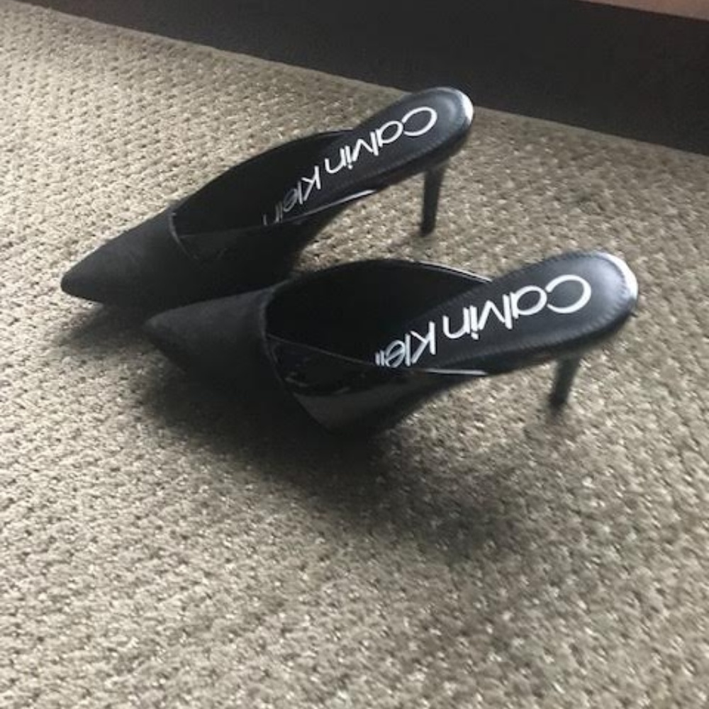 Suede and Patent Leather Mules from Calvin Klein
